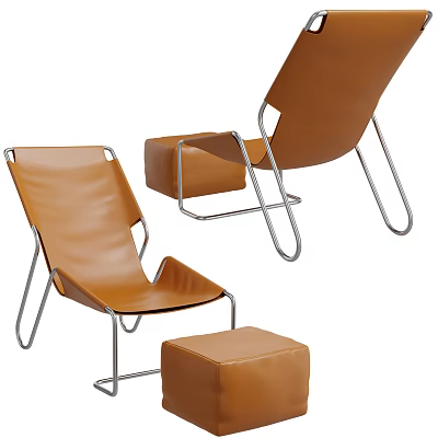 Stylish Brown Leather Lounge Chair With Silver Metal Frame And Ottoman 3d model