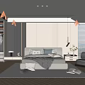 Modern Bedroom Interior With Bed Pillows Blanket Bedside Table Lamp Blinds And Wooden Floor