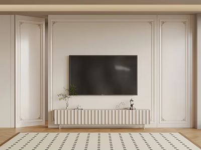 White TV Stand with Decorative Items and Green Plant Against Paneled Wall and Wooden Floor 3d model