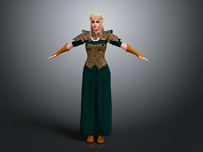 A Woman Wearing Golden Crown Green Long Dress With Golden Decorated Top And Brown Sleeves 3d model