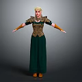 A Woman Wearing Golden Crown Green Long Dress With Golden Decorated Top And Brown Sleeves