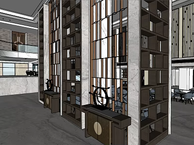 Modern Hotel Lobby Interior Design With Marble Walls Wooden Display Shelves And Decorative Partitions 3d model