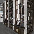 Modern Hotel Lobby Interior Design With Marble Walls Wooden Display Shelves And Decorative Partitions