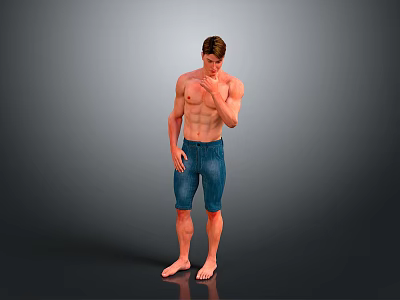Shirtless Man Standing Full Body in Blue Denim Shorts and Barefoot 3d model