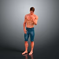 Shirtless Man Standing Full Body in Blue Denim Shorts and Barefoot