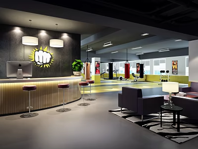 Modern Fitness Center Interior With Front Desk Workout Equipment And Relaxation Area 3d model