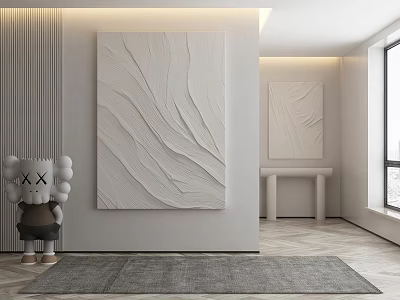 Modern Living Room Interior With Large White Textured Painting Gray Rug And Kaws Style Doll 3d model