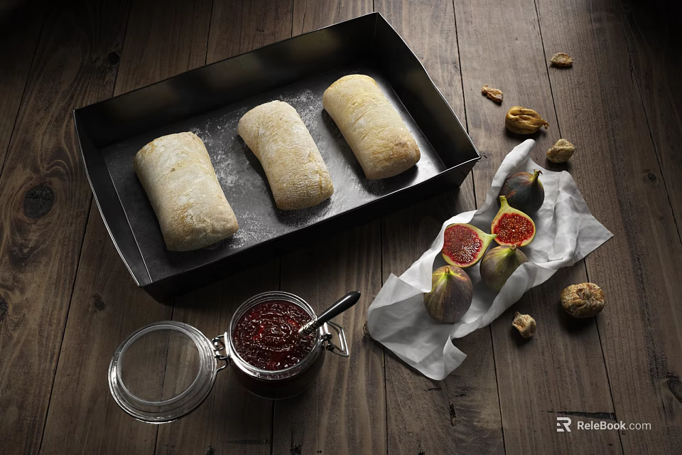 Freshly Baked Bread Rolls with Jam Jar Figs and Nuts on Wooden Table 3d model 