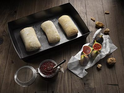 Freshly Baked Bread Rolls with Jam Jar Figs and Nuts on Wooden Table 3d model