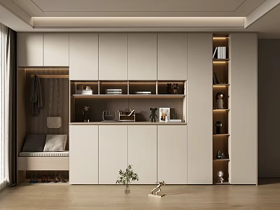 Modern Shoe Cabinet with Built-in Storage Open Shelves Clothing Rack and Bench 3d model