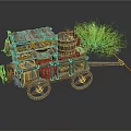 Traditional Wooden Cart Market Display With Baskets Fish Grass And Wooden Shelves