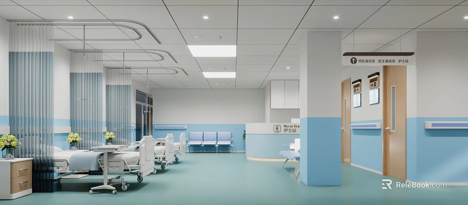 Modern Hospital Outpatient Clinic Interior Design With Beds And Seating 3d model 