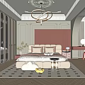 Soft Cream Bedroom Interior With Pink Striped Headboard Circular Chandelier And Patterned Rug