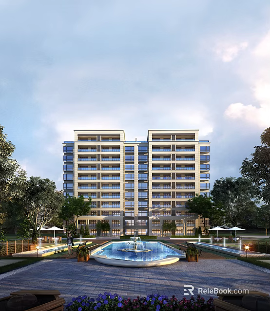 Modern High Rise Residential Building Exterior With Swimming Pool Fountain Umbrellas And Lush Green Trees 3d model 