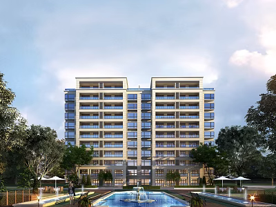 Modern High Rise Residential Building Exterior With Swimming Pool Fountain Umbrellas And Lush Green Trees 3d model