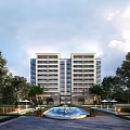 Modern High Rise Residential Building Exterior With Swimming Pool Fountain Umbrellas And Lush Green Trees