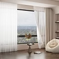 Cozy Home Balcony With White Curtains Large Window City View Bean Bag Chair Small Table And Wooden Floor