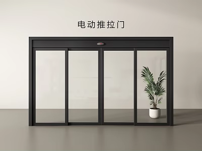 Electric Sliding Door With Black Frame Glass Panel In Interior And Potted Plant 3d model