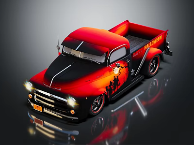 Red And Black Vintage Pickup Truck With Flame Graphics On Shiny Surface 3d model