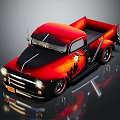 Red And Black Vintage Pickup Truck With Flame Graphics On Shiny Surface
