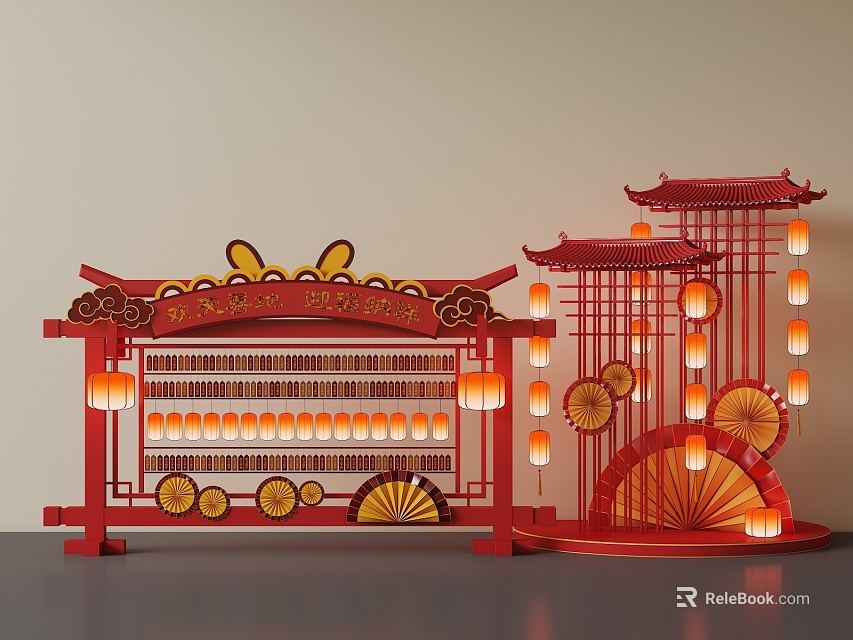 Traditional Chinese Red Decoration Display With Lanterns Fan Ornaments And Pavilion Structure 3d model 