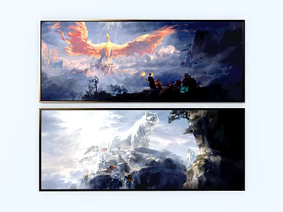Vibrant Artwork Featuring Phoenix Over Mountain Range And Snowy Peaks With Figures 3d model