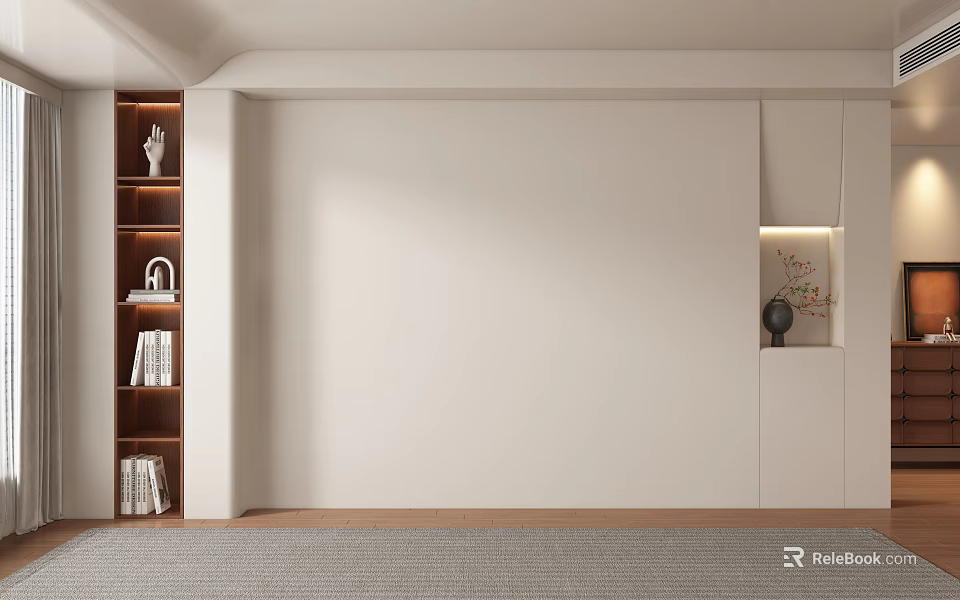 Modern Sofa Background Wall Design With Wooden Shelves And Decorative Accents 3d model 