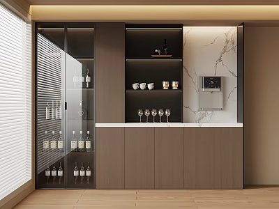 Modern Wine Cabinet With Glass Doors Wooden Cabinets Wine Bottles And Glasses 3d model