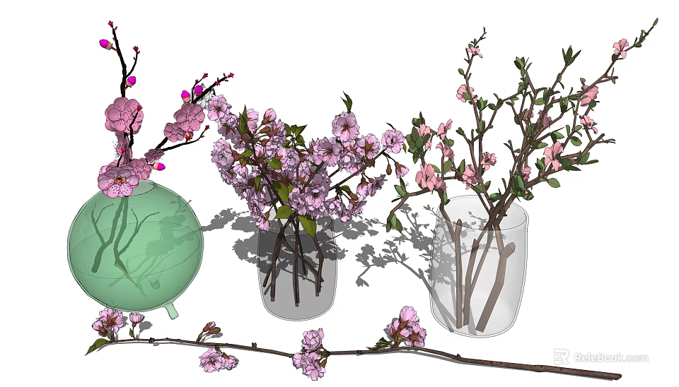 Beautiful Vases with Pink Blossoms in Green and Transparent Designs for Home Decor 3d model 