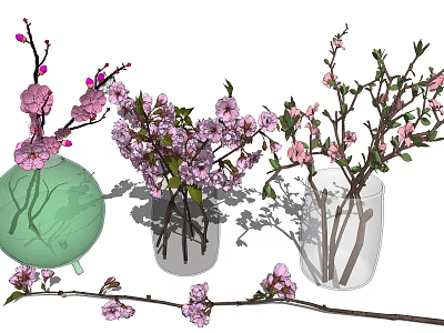 Beautiful Vases with Pink Blossoms in Green and Transparent Designs for Home Decor 3d model