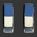Two Blue And White HALCON Vans With Cracked Windshields On Reflective Surface 3d model