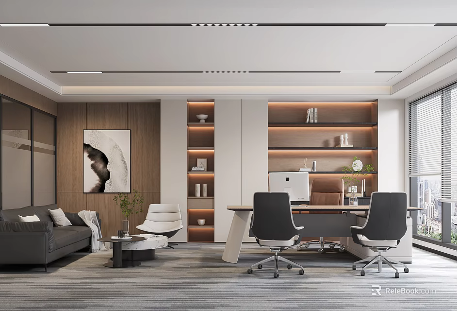 Modern Office Interior with Open Layout Sofa Desk Bookshelves Plants and Floor to Ceiling Windows 3d model 