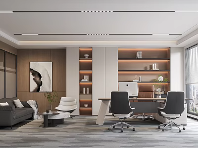 Modern Office Interior with Open Layout Sofa Desk Bookshelves Plants and Floor to Ceiling Windows 3d model