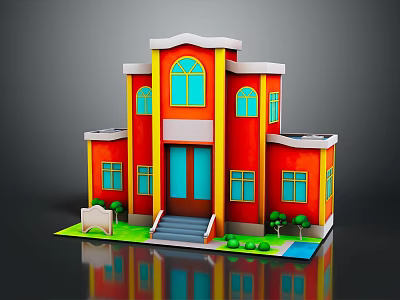 Red Two Story Building With Yellow Trim Blue Windows Front Steps Small Shrubs And Sign 3d model