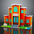 Red Two Story Building With Yellow Trim Blue Windows Front Steps Small Shrubs And Sign