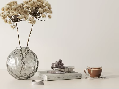 Elegant Ornament Set with Transparent Spherical Vase Dried Flowers Book Grape Dish and Coffee Cup 3d model