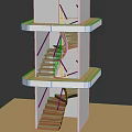 Multi Level Architectural Model With Spiral Staircase White Platforms And Wooden Stairs 3d model