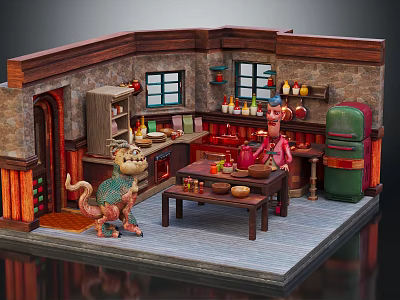 Cartoon Kitchen Scene With Stone Walls Wooden Cabinets Vintage Fridge And Cartoon Characters 3d model