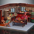 Cartoon Kitchen Scene With Stone Walls Wooden Cabinets Vintage Fridge And Cartoon Characters