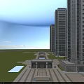 Modern School Building With Colorful Design Green Lawn Pond And Children's Playground Near Tall Buildings