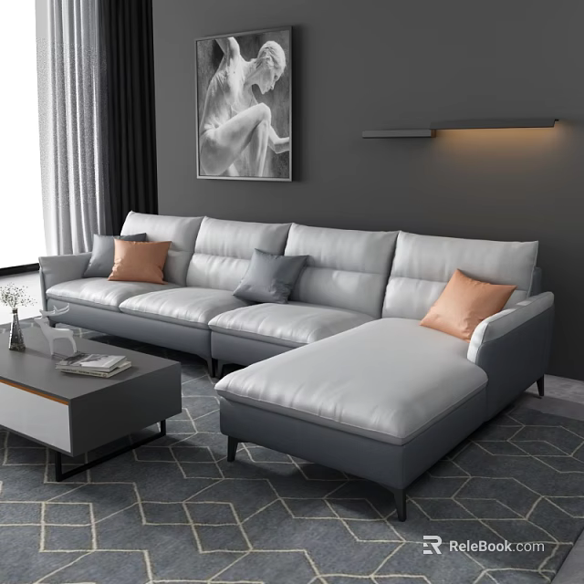 Modern Gray L Shaped Sofa and Coffee Table with Orange Gray Throw Pillows Decorative Items 3d model 