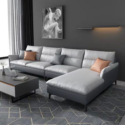 Modern Gray L Shaped Sofa and Coffee Table with Orange Gray Throw Pillows Decorative Items 3d model