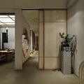 Traditional Chinese Teahouse Interior With Wooden Shelves Calligraphy Green Plant And Table Chairs