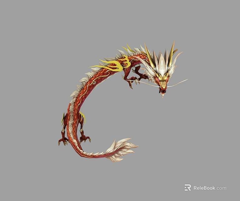 Mythical Flying Dragon With Red Scales Gold Accents And White Mane 3d model 