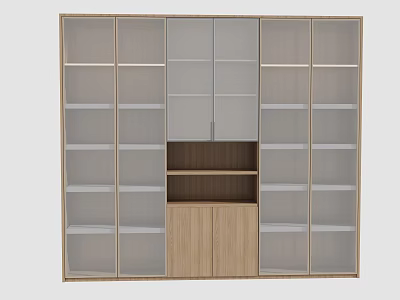 Modern Wooden Bookcase Design With Multiple Compartments And Glass Door Elements 3d model
