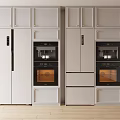Modern Open Kitchen Interior With Built in Refrigerators Freezers and Cabinets