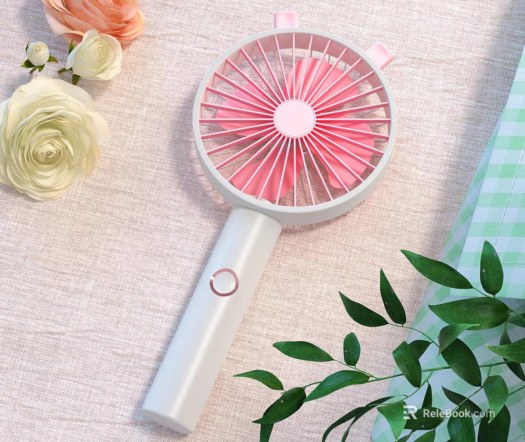 Portable Handheld Fan With Pink Blades And White Handle Near Green Leaves And Flowers 3d model 