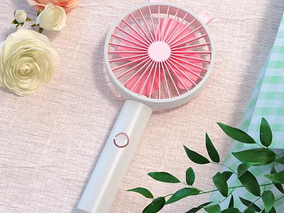 Portable Handheld Fan With Pink Blades And White Handle Near Green Leaves And Flowers 3d model