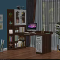 Wooden Home Office Desk With Computer Bookshelf Green Lamp And Potted Plant Decorations