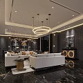 Luxurious Private Dining Room Interior With Round Table Gray Chairs Chandelier And Decorative Wall